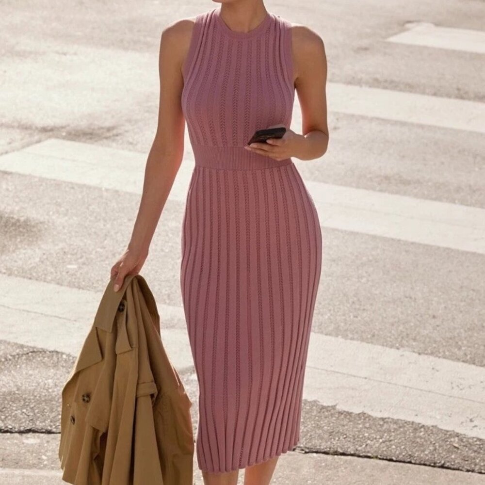 Varley ~ Florian Knit Midi Dress Bodycon Style Woodrose Pink X-Large
